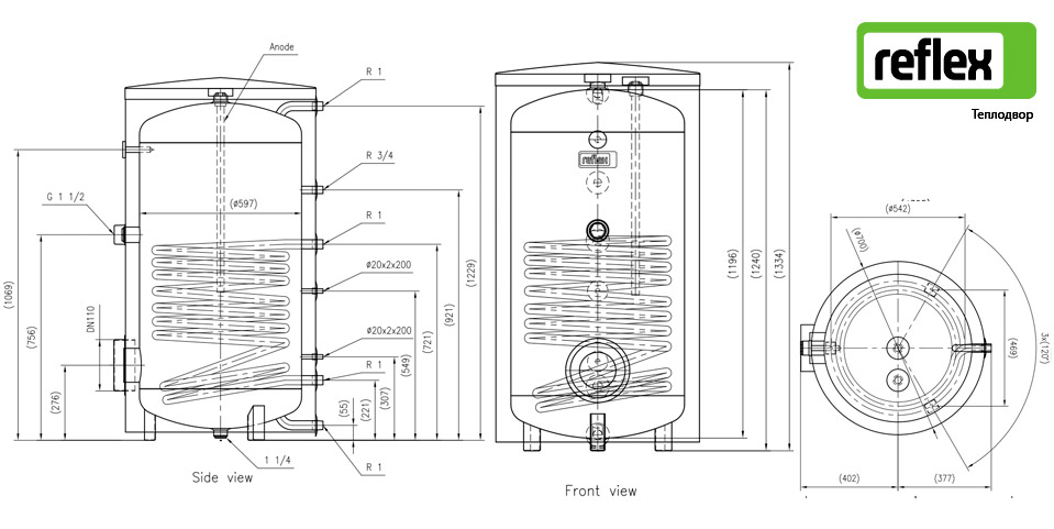 Размеры бойлера Reflex AF 300 7861800